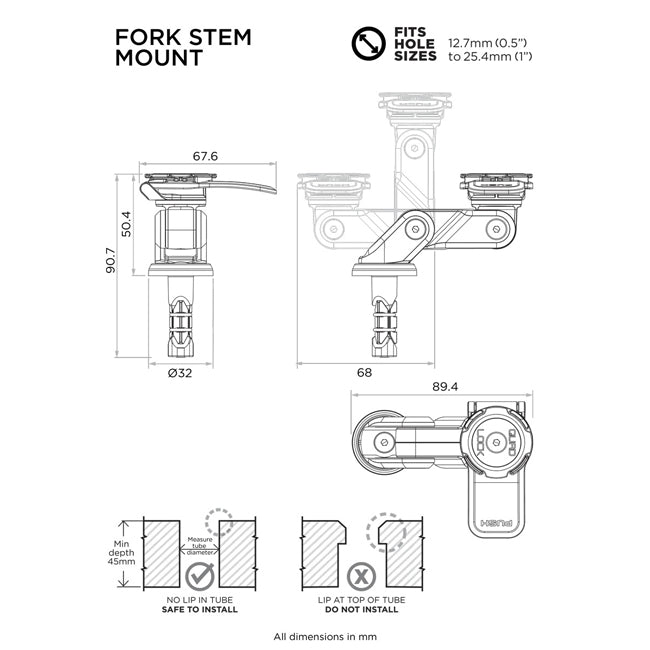 QLM-FSM-2 Quad Lock Fork Stem Mount dimensions