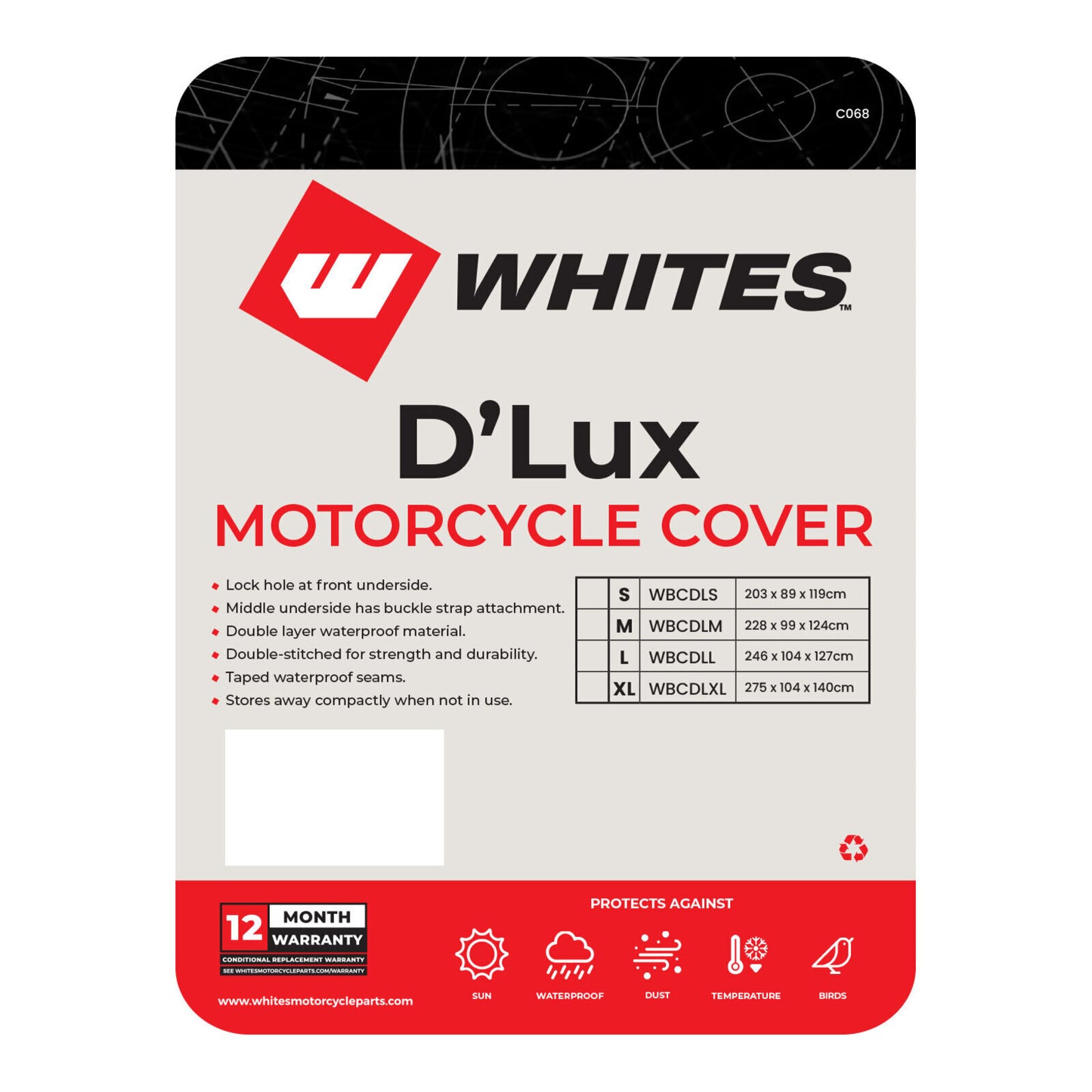 Whites Motorcycle Cover - D'Lux (S / 203 x 89 x 119cm)