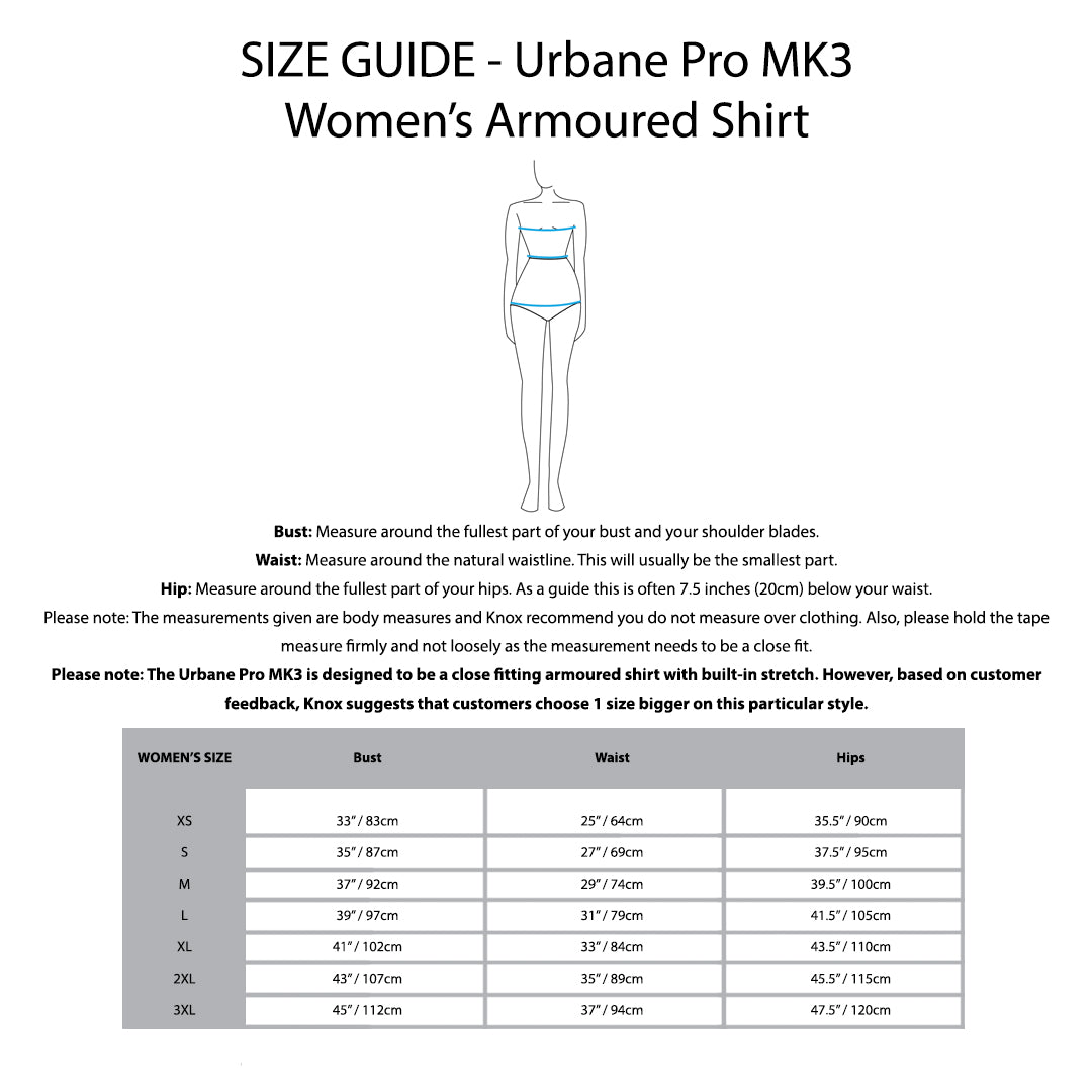 KNOX Size Chart - Urbane Pro MK3 Women's Shirt