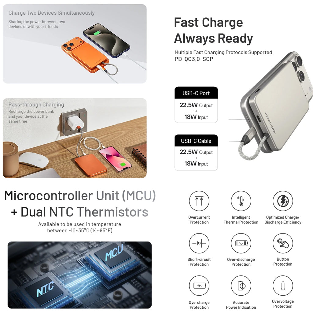 NITECORE 5,000MAH MAGNETIC ULTRA THIN POWER BANK BUILT-IN USB C TITANIUM GRAY