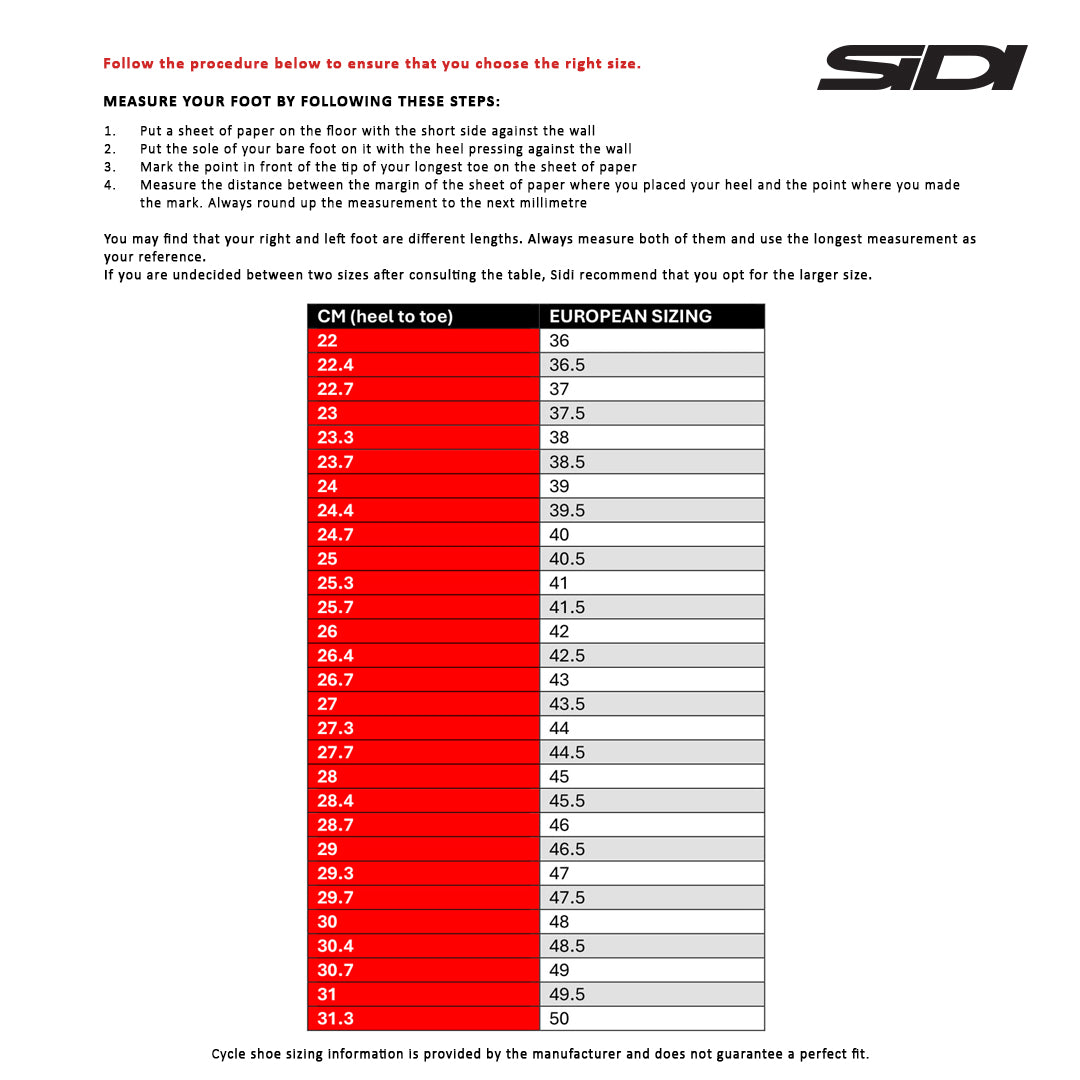 Sidi Cycle Shoe Size Chart