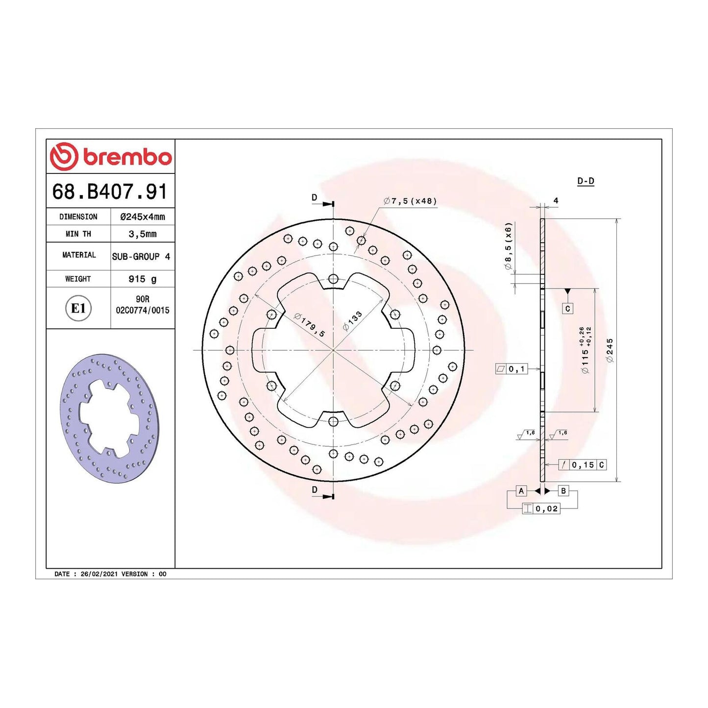 Brembo Prime Serie Oro Rear Brake Disc 68B40791