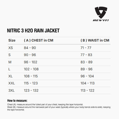 Size chart for REVIT Nitric 3 H2O Rain Jacket