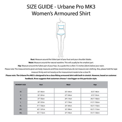 KNOX Size Chart - Urbane Pro MK3 Women's Shirt