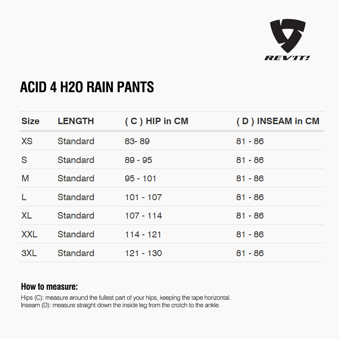 Size chart for REVIT Acid 4 H2O Rain Pants