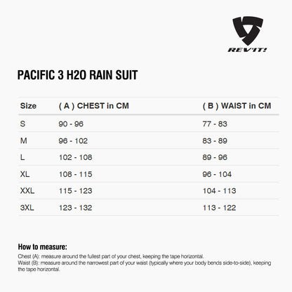 Size chart for REVIT Pacific 3 H2O Rainsuit