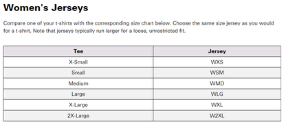 ANSWER Womens Jerseys Size Chart